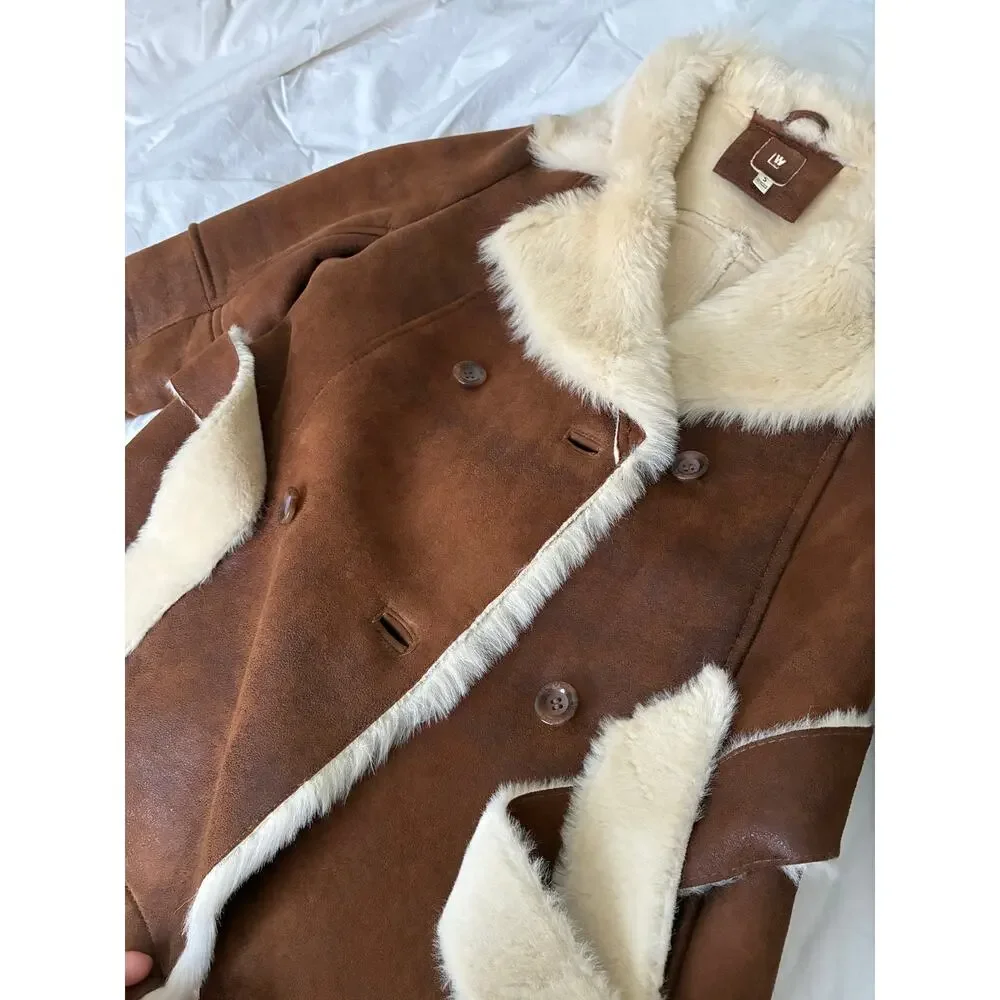 Women’s double-breasted faux shearling wrap coat- tan - size S - Picture 6 of 12